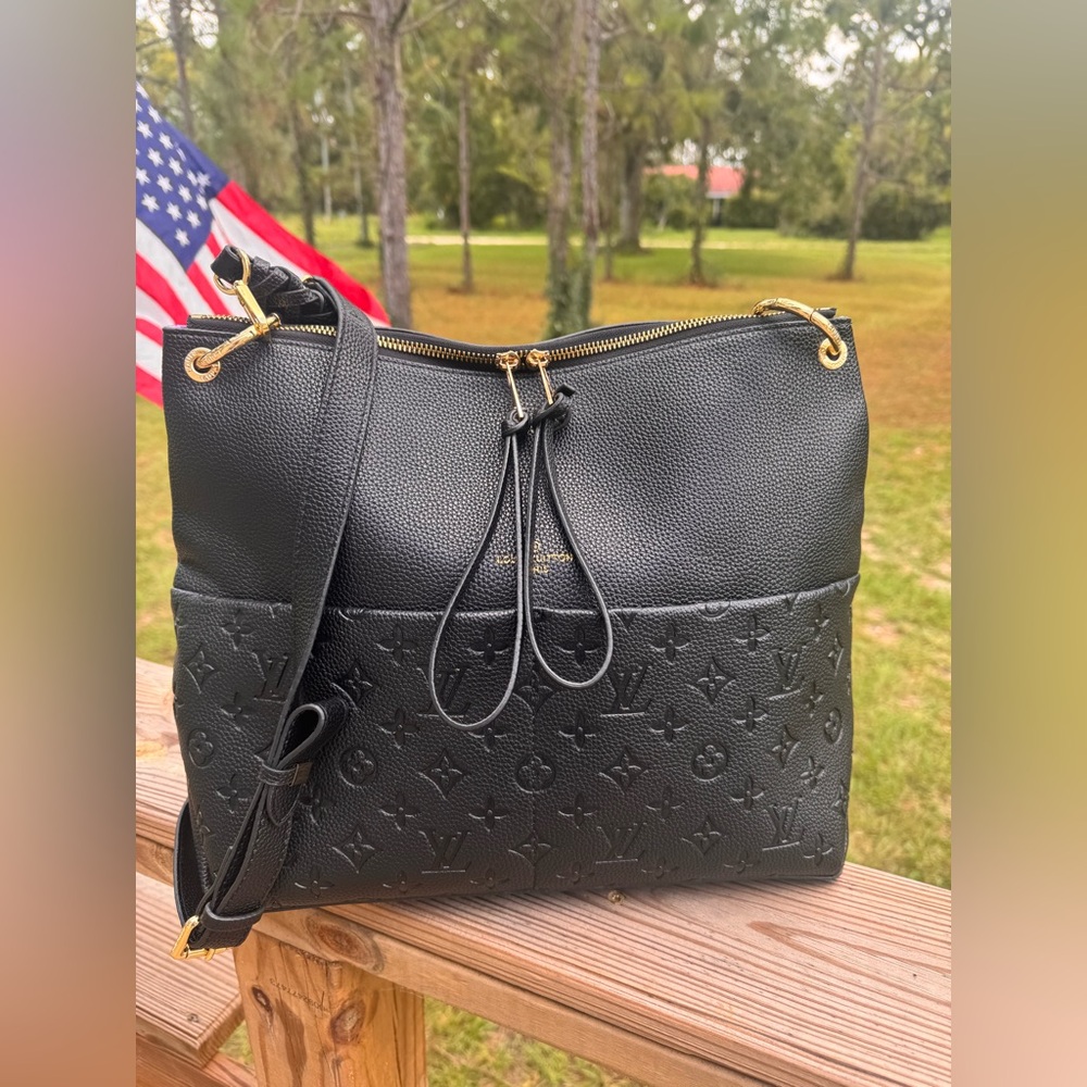 Designer Black Leather Hobo Shoulder Bag with Monogram Detail